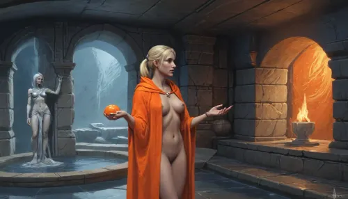 (Senna from Skyrim, 30 year old, french, bright blonde medium hair ponytail, small narrow squinched eyes, small breasts, neutral face without smile), (inside medieval bathhouse, silver stone walls), (spreading arms forward, worshipping in front of marble lady statue), (orange medieval robes with hood, slightly visible breast shape), side view, blue light atmosphere, dark ambiance, five fingers, (artwork, digital painting, concept art, by syd mead, flat colors), <lora:concept_art_syd_mead:1.5>