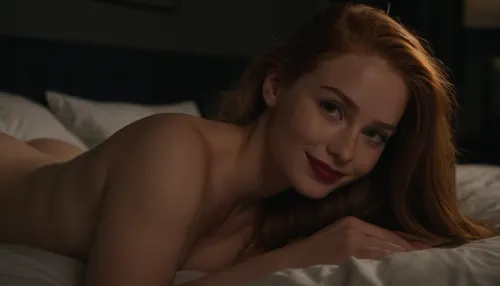 candid photo, confident 23 year old college slut, busty nude athletic body, long ginger hair, she is laying next to you in bed, dark bedroom, red lipstick, cute smile, ultimate realism, poor lighting, at night, dark, night, realistic detailed skin texture, focus on realistic face, stunning eyes, Sun-kissed skin