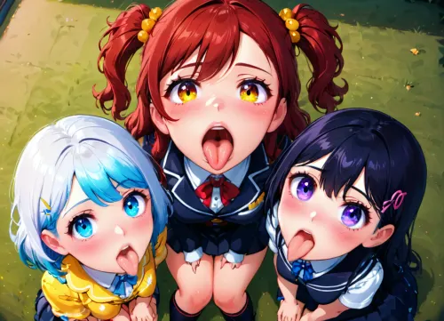 3girls, 28yo girl, cute rich schoolgirls, (((submissive expression))), on backstage, mouth extremely widely open, (mouth open showing uvula), tongue all the way out, facing viewer, looking at viewer, ((on her knees)), hands on her lap, focus on mouth and tongue, extreme closeup on mouth, from above, ((uvula)), lineart, LineAniAF, <lora:LineAniRedmondV2-Lineart-LineAniAF:.5>