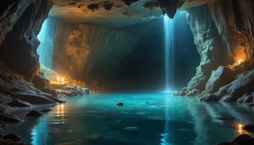 Gorgeous cave. Giant and intricate details. Glistening glowing pools of magical water. Bioluminescent crystals clinging to the cave walls. Garmash. Wlop. Guweiz. Oil paint strokes. Surreal. Outlines. Vivid and surreal crystals and magical water.