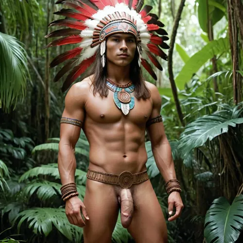 20 year old aztec warrior, fit lean body, standing in the jungle, nude, body paint, feather head dress, nude body, long hair, very large uncut penis, very thick penis, (((visible penis))), [[vagina]], Object, gd, erection, sex, toy, large, <lora:Penis_XL:.5>, <lora:276883_training_data:.5>, penis, <lora:xpenis-1.5e:.5>