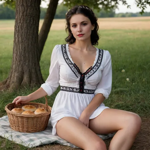 25 yo woman, sitting on haystack on wheat field, skinny, large saged breasts, flat chest, black updo haircut, tall, thick thights, long legs, thin waist, green eyes, red lips, (wearing white embroidered shirt, black embroidered dress, no panties, deep neckline, unbuttoned shirt, exposed breasts, breast out, chamomile wreath), (wicker basket with pies, jug with milk), BREAK, view from side, spreading legs to the viewer, golden hour sunlight filters through nearby trees, creating dramatic shadows and highlighting her fair skin, looking to viewer