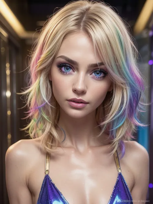 (girl, 18 years old beautiful, stunning unique female character), (rave makeup), (vibrant blue, and blonde hair, ruffled hair), (clear focus), (ultra realistic, realistic, photorealistic, photo realistic, photorealism, photo realism), (maximum quality, ultra-detailed, insanely detailed, highly detailed, high quality, uncompressed, raw source photograph), (highly detailed eyes, high resolution eyes, high quality eyes, highly detailed skin, detailed skin texture, highly detailed hair), (same color eyes, symmetric eyes, matching eyes, detailed eyes, detailed iris, detailed pupils, limbal ring around iris, perfectly round iris, perfectly round pupils), (striking eyes, captivating eyes, mesmerizing eyes, glittering eyes, big eyes, pixie face), russian escort, night club, purple, red, blue, neon, (hotel elevator), <lora:weight_slider_v2:-1>, gold, powder, <lora:jin_20231226224140-000002:.5>