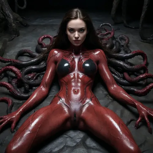 Brunette, thin, Her body merge with carnage symbiote, (skin of the top of the body is blood red and bottom is black), her hands have claws, her feet have claws instead of nails, she is a mutant, transformed, She is lying on the ground of a dark cave, extremely detailed photo, detailed skin, detailed face, legs opens, Her eyes seem dark, with a serious look. Entire body visible on the generated image. The bed is covered with symbiote liquid and tentacles. She is attached to the ground by symbiote tentacle. Her hair is full of symbiote tentacle