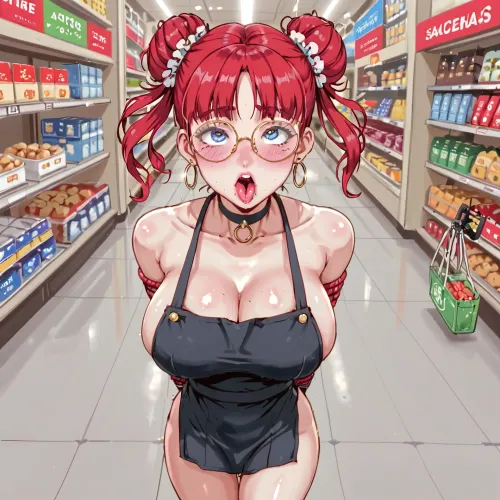octane render, hdr, woman, highly detailed face, thick eyelashes, cateye eyeliner, blue eye shadow, blushing, pink lips, glossy lips, perfect nose, cheek freckles, round cheeks, round face, hinata, extremely beautiful, pale skin, sexy ass, nubile body, minislimwaist, toy sized woman, thigh gap, gigantic breasts, heavy sagging torpedo shaped tits, blue eyes, red hair, space buns hair style, large round glasses, gold hoop earrings, choker, convenience store uniform, tight green blouse, black apron, white tennis shoes, facial expression, ahegao, mouth open, dynamic pose, hogtied by rope, wrists restrained by rope, ankles restrained by rope, suspended in air by rope, suspended off ground by rope, (thrusting sex machin pussy sex), (massive dildo sex machine), detailed background of a crowded grocery store, bystanders watching, <lora:cartoon_stickers_xl_v1:.6>, <lora:NEOTOKIOXL_0.2_RC:.8>