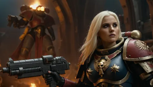 spaceship background, (well proportioned figure), (busty), heavy fullarmor, other hand bolter, space marine in background, adepta, sororitas, warhammer, 40k, wh40k, <lora:WH40XL:.5>, <lora:668916_training_data:.5>