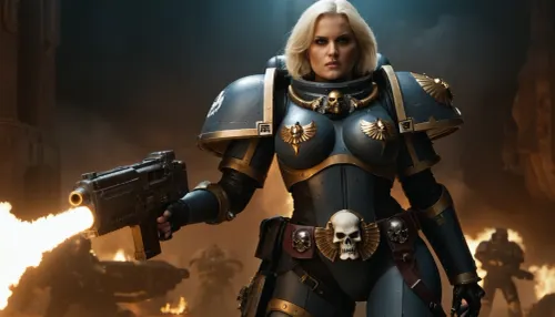 spaceship background, (well proportioned figure), (busty), heavy fullarmor, other hand bolter, space marine in background, adepta, sororitas, warhammer, 40k, wh40k, <lora:WH40XL:.5>, <lora:668916_training_data:.5>