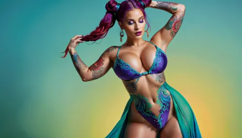 wide hips, rounded ass, long purple-blue-green-red hair with two buns, Colorful woman, Black ink flow, 8k, photorealistic masterpiece, intricately detailed fluid gouache, calligraphy, watercolor art, professional photography, volumetric lighting, photo-illustration, concept art, elegant, fantastical, the whole body is visible, dynamic pose, dancing, voluptuous dress, big tits, XUER, Silk, Road, dress, full, body, tattoo, mad-cybrpprct2, papercut, outline, glowing, style, blacklight, makeup, artmgn, large, breasts, big, boobs, huge, tits, <lora:Neon_Cyberpunk_Papercut_2_SDXL:.5>, <lora:neon_style:.5>, <lora:blacklight_makeup_v2:.5>, <lora:437584_training_data:.5>, <lora:bombshell_v2:.5>