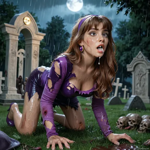 Daphne Blake, scary looking grey footed zombie, claws and wounds on the body, classic outfit, clothes torn in several places, rainy night, wet body, wet hair, on all fours on the grass of a cemetery, semen on face, creampie, orgasm, detailed background