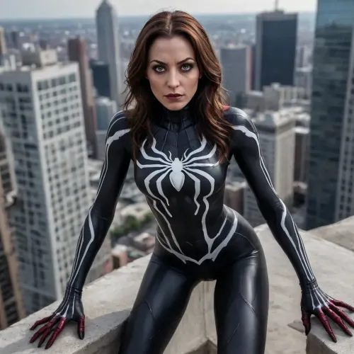 Mature brunette woman. Her body is entire covered with venom symbiote, (red, big white spider shape on her chest), her hands have claws instead of nails, (like venom symbiote), her feet have claws instead of nails, (like venom), . She is standing at the top of a building, extremely detailed photo, detailed skin, detailed face. there is blood everywhere on the ground, Her eyes seem dark, with a serious look.