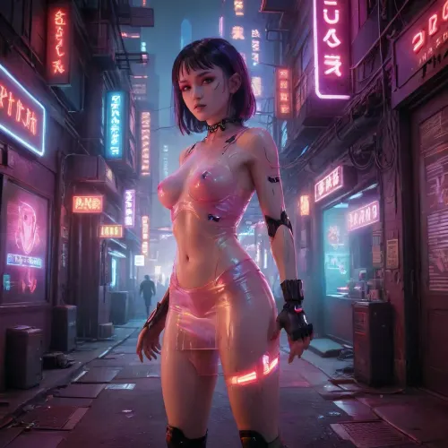 Normal eye, normal hand, transparent latex skirt, cyberpunk, night city, red light district, cyber city, Robot, Skin, Android, <lora:robot_skin_XL_1.0.6:.5>, <lora:cbcity2:.5>