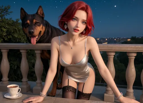 Beautiful German lady on a balcony and leaning on the railing, 18 years young, slim body, firm breasts, (cup size E), straight long strong red hair, a sexy short silver evening dress, (her evening dress rides up a bit), has sexy black thigh-high mesh stockings on, has high heeled shoes on, she looks seductively at the viewer, fucked by a massive dog, zoophilia, anal sex, doggy style, red knot, night, starry clear sky