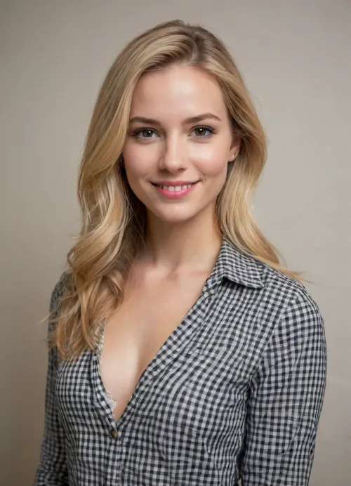 High quality photography, young woman with straight, shoulder-length blonde hair and fair skin, smiling warmly at the camera. She is wearing a long and ample black and white checkered button-up shirt with a plunging neckline that reveals a significant amount of cleavage and a hint of a white lace bra underneath. The shirt is slightly unbuttoned, adding to the suggestive nature of the image. The woman is standing against a plain, light-colored wall with her hands resting at her sides. The camera angle is straight-on, capturing her from the waist up. The lighting is soft and even, highlighting her features and creating a friendly, approachable atmosphere. The overall tone of the image is casual and intimate