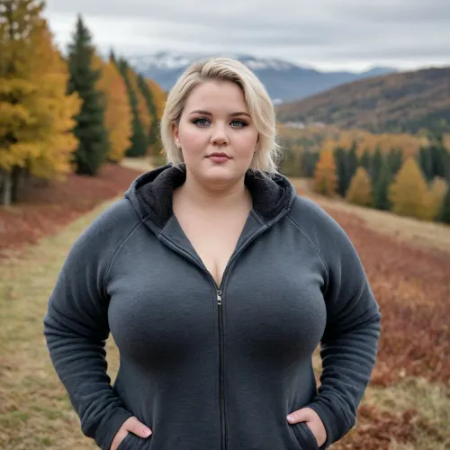 (masterpiece, best quality:1.2), very plus-size 1 girl, (((ssbbw))), ((oversized massive bosom)), swedish film character Rebecka Martinsson, solo, blue jeans, (anthracite fleece troyer, long sleeves:1.2), dark grey open hooded windbreaker, outdoors, pretty eyes, white blonde hair, bright ice blue eyes, short haircut with side parting, hair tucked behind ears, Standing in autumn swedish fjell landscape, open smile, photorealism, perfect face, portrait