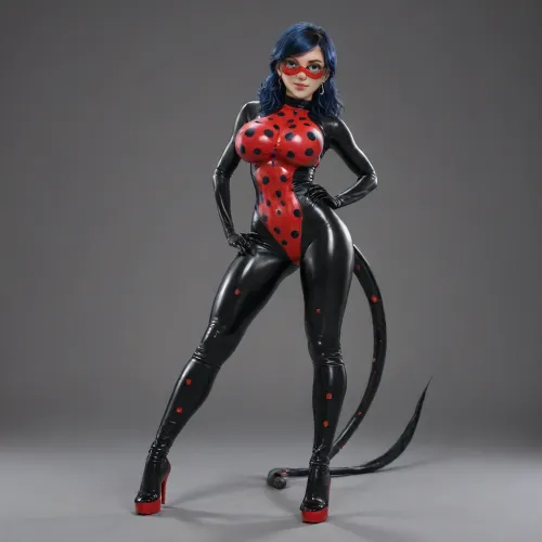 marinette from miraculous ladybug, black blue hair, long tails, beautiful face, tight red with black polka dots latex super hero suit, huge breasts, standing, full body, high heel pumps