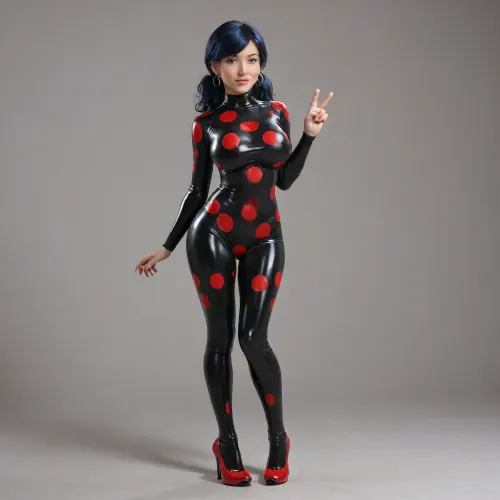 marinette from miraculous ladybug, black blue hair, long tails, beautiful face, tight red with black polka dots latex super hero suit, huge breasts, standing, full body, high heel pumps, v