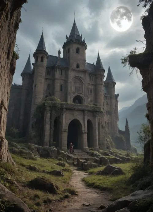 An impressive scene from the world of a fantasy computer game unfolds in front of me. In the center of the composition stands an ancient castle, whose towers look up to the sky, covered with eternal frost. Its walls, made of dark stone, reflect the ghostly light of the moon, which hangs high above the horizon, surrounded by mysterious clouds.

Below, at the foot of the castle, there is a dense forest kingdom, where the trees seem to be gigantic giants, their tops are lost in a misty haze. There are glowing paths between the trunks, along which ephemeral creatures glide-fireflies or, perhaps, small spirits of the forest. Here and there you can see the remains of ancient ruins, overgrown with moss and vines, which hints at the greatness of a long-forgotten civilization.

In the foreground is a warrior in massive armor that shimmers with silver and gold with every movement. Her hair, the color of ripe copper, is spread over her shoulders, and in her hands she holds a huge two-handed sword, ready for battle. On her belt hang various amulets and symbols of power, each of which tells its own story.

A mysterious figure hovers over the heroine's head – a magical familiar in the form of a glowing bird, whose wings are made of pure light. His eyes are like two miniature suns, carefully observing the world around them, ready to warn the mistress of any danger. There is a sense of impending battle in the air, the tension is felt even in the lightest breeze.

In the distance, behind the forest, you can see a mountain range, the tops of which are buried in clouds. From there comes a dull rumble, which can be either a natural phenomenon-the awakening of a volcano, or a sign that the ancient forces are awakening after a long sleep. Everything around is permeated with magic, every detail suggests that this world is alive, breathing and full of secrets waiting to be revealed, speedpaint, <lora:EnvySeedPaintXL02:.5>