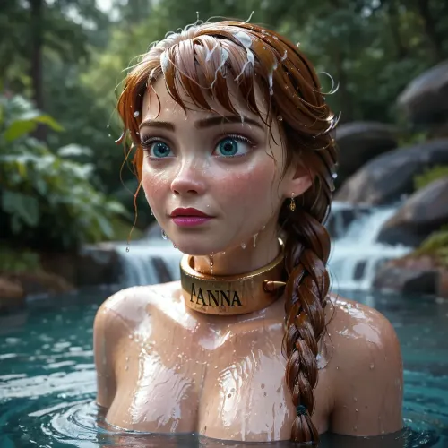 Anna from Frozen, displayed naked in Arendelle, gold slave collar, wet body, wet hair.