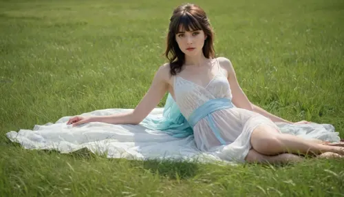 full body view, brunette with a fringe, A beautiful woman in a light, flowing see-through white dress with a light blue sash, reclining amongst tall green grass in a sun-drenched field, rendered in a detailed, painterly style with a focus on realistic textures and natural light., <lora:flat_chested_v3.5:.5>