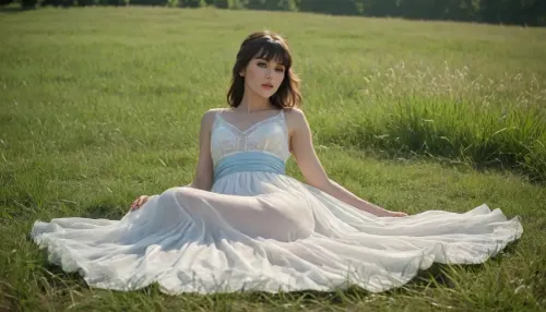 full body view, brunette with a fringe, A beautiful woman in a light, flowing see-through white dress with a light blue sash, reclining amongst tall green grass in a sun-drenched field, rendered in a detailed, painterly style with a focus on realistic textures and natural light., <lora:flat_chested_v3.5:.5>