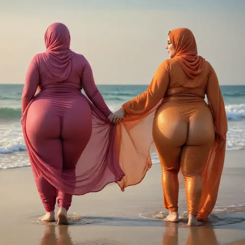 Ssbbw, two Woman arab hijab on beach, cellulite ass, big ass, fat cellulite