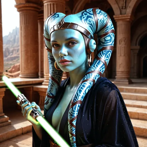 star wars, female, blue twi'lek, green lightsaber, jedi robe, jedi temple