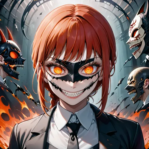 Makima from chainsaw man, best quality, 1girl, (+_+), orange eyes, (evil grin:.8), (sharp teeth:.9), (Hollow mask), <lora:玛奇玛:.5>, <lora:checkpoint-e72_s1152:.5>