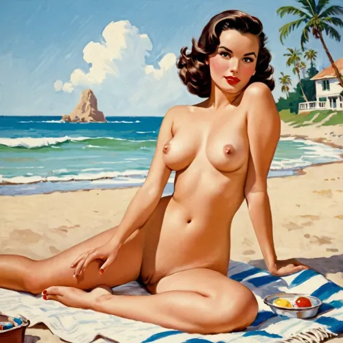1950s, americana, ((art)), poster advertisement, print art, colorful, beautiful brunette, small waist, big hips, seductive face, laying nude on towel at beach, palm tree in background, (((painting))), simple color palette, [photograph], stylistic, simple brush strokes, lineart, caricature, <lora:pen-art:1>