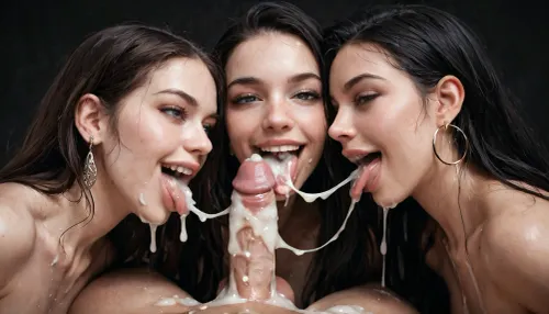 close-up, 2 naked white women, very pale skin, eyes wide open, enjoying, faint smile on her face, sucking big 25 inch white penis, no lipstick, very long smooth black hair, tongue sticking out of their mouths, white man masturbating, ejaculation, (excessive cum on tongue), licking cum from his balls and belly, projectile cum, dark room, black background.