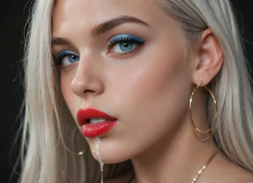 Close up shot of a beautiful woman deepthroating a big cock, sloppy blowjob, thick hard cock, red lipstick, blue eyeshadow, winged eyeliner, fake eyelashes, fashion makeup, large silver hoop earrings, long white hair with full bangs, woman looking at viewer, blue eyes, closeup view from the side, dark background, high contrast lighting, cum spilling from corner of mouth, cum dripping from her lips and chin, <lora:Creat0r_MagicDetailzV2_FIX:.5>