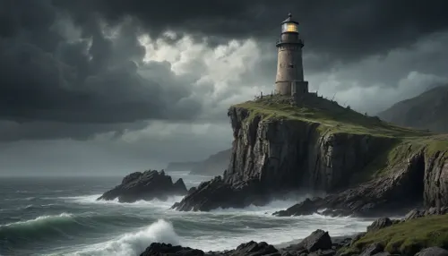 Ancient, weather-beaten lighthouse standing on desolate cliffs in a fantasy post-apocalyptic world. The structure is half-ruined, with vines and moss clinging to its cracked stone surface. Jagged rocky outcrops surround the base, partially submerged in dark, storm-tossed waters.

A mysterious cloaked figure of a witch stands atop a distant cliff, her silhouette outlined against the ominous sky. Heavy rain falls across the landscape, merging with thick mist that clings to the rocks. The atmosphere is one of eerie solitude and ancient magic, with faint lightning illuminating the horizon.

The scene combines elements of dark fantasy and post-apocalyptic desolation, creating a mood of mystery and foreboding. Every surface shows signs of decay and age, with realistic textures of wet stone and decaying masonry. The lighting emphasizes the dramatic tension between darkness and the faint glow of the lighthouse remains.
