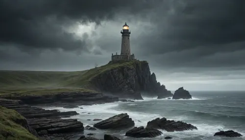 Ancient, weather-beaten lighthouse standing on desolate cliffs in a fantasy post-apocalyptic world. The structure is half-ruined, with vines and moss clinging to its cracked stone surface. Jagged rocky outcrops surround the base, partially submerged in dark, storm-tossed waters.

A mysterious cloaked figure of a witch stands atop a distant cliff, her silhouette outlined against the ominous sky. Heavy rain falls across the landscape, merging with thick mist that clings to the rocks. The atmosphere is one of eerie solitude and ancient magic, with faint lightning illuminating the horizon.

The scene combines elements of dark fantasy and post-apocalyptic desolation, creating a mood of mystery and foreboding. Every surface shows signs of decay and age, with realistic textures of wet stone and decaying masonry. The lighting emphasizes the dramatic tension between darkness and the faint glow of the lighthouse remains.
