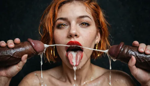 (Macro photo), (extreme close up:1.2), front view, Photorealistic, high resolution, professional photography, (open mouth), (extended tongue), (detailed tongue), red lipstick, excessive cum on tongue, short smooth ginger bobcut hair, 4 black african men, handjob, masturbating, ejaculation, projectile cum, topless, cum dripping from chin, tongue sticking out, black background.