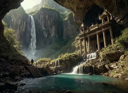 mountains, abandoned, mine, cave, dark fantasy, travelers, pilgrims, Beautiful valley, landscape, high detail, masterpiece, elaborate lighting, waterfall