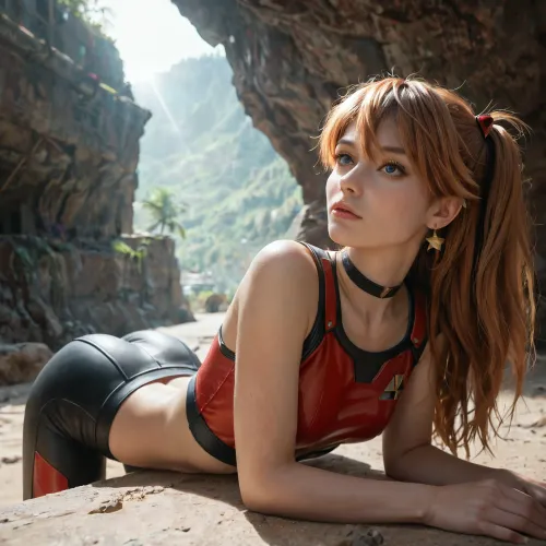 asuka, langley, long red flying hair, Star Trek uniform, black choker, (sexy midriff:1.2), facing away, ass up face down, looks over her shoulder towards you, background is industrial ruin, focus on face, crepuscular rays