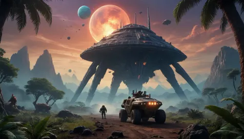 fullcolor image, 8K quality, night, alien planet, fantastic jungles, a volcano background, alien strange landscape, many fantastic animals, some planets satelite visible in mint sky, gigantic space battlecruiser hovering high over the landscape, An armored walking all-terrain vehicle moves through the jungle towards the volcano