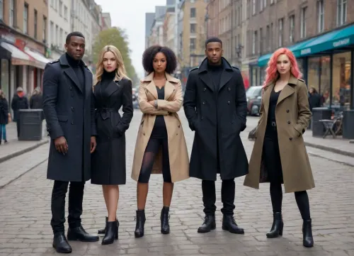 An male of 35 Years old with black trench coat at side of an Trio of sexy adult females of Nordic skin and male african skin, pokemons at side. pokemon sword and shield city, many pokemons following the trio
Realistic, photo at city center.