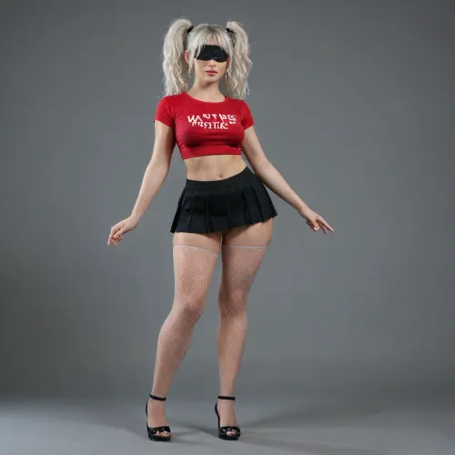 Tall slender sexy robot woman, white skin, robotic, super thick thighs, small short skimpy skirt on, (the skirt is black and see through), Fishnet leggings on her legs, a very small red crop top tee shirt that barely covers her massive tits, (they go down about halfway revealing the underside of Both her boobs, she is wearing a black blindfold, she has grayish white hair with two big pigtails, she is standing while also being very stern looking, she has high heels on, the camera is positioned at her feet while being angled upwards to show her wet robotic pussy.)