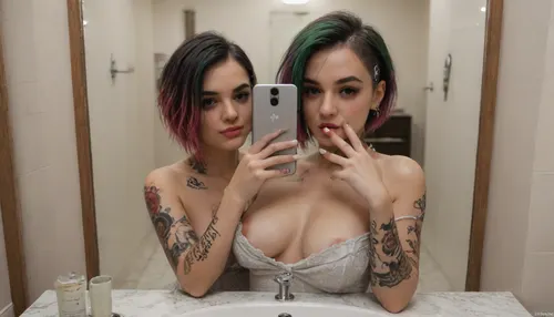 Judy Alvarez, (white nail polish:1.3), (selfie in the mirror), in a sexy black revealing dress showing off her bare breasts, in a luxurious bathroom.