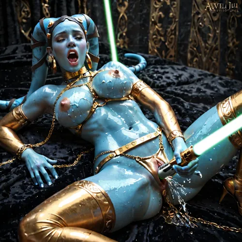 aayla secura, blue twilek jedi, extremely curvy hourglass figure, blue skin, tall, look of ecstasy on her face, erotic, gold harness, gold chains, oiled up, natural breasts, breast exposed, erect nipples, ((using the hilt of a green lightsaber as a dildo to fuck herself)), smooth pussy, arched back, gold body jewelry, laying down, spread legs, screaming orgasm, squirting, body jewelry, body chains, detailed background