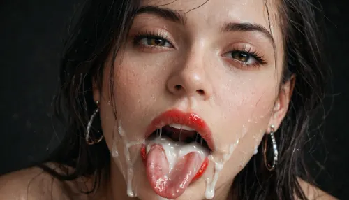 Extreme Nahaufnahme: nasse Lippen & cum-Dripping Zunge auf schwarzem Hintergrund