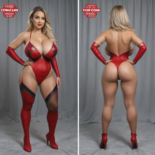 18 years old, ((latina woman, long blonde hair:1.5)), ((in spiderman outfit:1.5)), smiling at viewer, hand on hip, instagram model, ((very sexy:1.5)), wing eyeliner, red lipstick, long red nails, smokey eyeshadow, full body, ((posing:1.5)), extremely detailed, best detailed, very realistic. at, ((comic con:1.5)), ((huge breasts and ass:1.5))