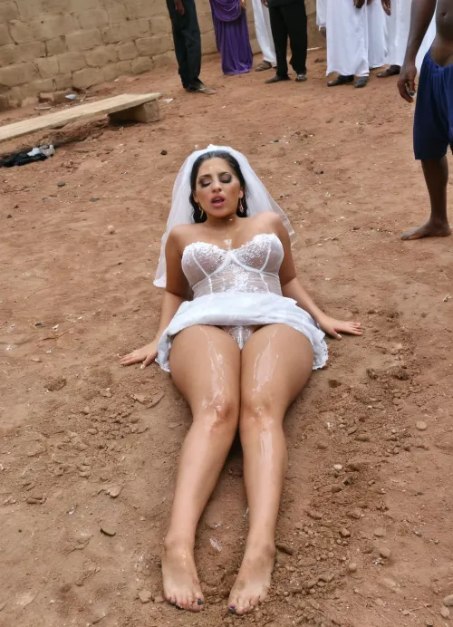 full body image of An Iranian curvy bride with heavy Arabic style makeup, ruined makeup, sleep, lies on the dirt floor, wearing a messy, lace wedding dress, her body and face covered in cum, cumshot on her body and face, her eyes closed, exhausted, resting, as several black African village men in standing in background.
