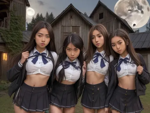 4k epic detail, shot on kodak, 35mm photo, sharp focus, high budget, cinemascope. Scene takes place at night, full moon, dark forest, old barn. 3, (slender), petite girls are chained to the wall of the barn, arms chained above head, breasts facing wall, looking over shoulder, (3 girls, ebony, Canadian, European, torn, school uniforms, tiny ass, tiny waist, small breasts, random hair colour, random eye colour)