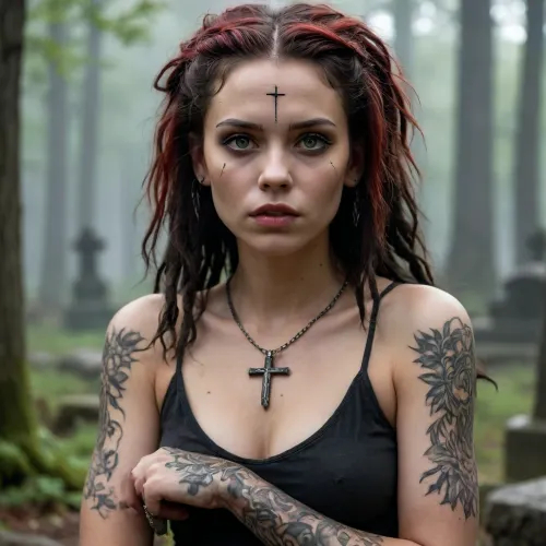 **Description for the generator, ** A girl with anthracite dreadlocks decorated with clay beads * * aggressively clung to a rusty cross* * in the cemetery. Her black-fingernailed fingers * * scratch the metal**, leaving furrows in the rust. His lips are drawn back in a **mad snarl**, baring fangs with drops of glistening red liquid. His eyes are green, his pupils dilated, and there's a fresh scratch on his forehead from a spiked tiara that's been torn off to one side. She * * presses herself against the cross**, the priestess ' golden veil falling away to reveal the thorn tattoos on her neck. In her left hand is a dagger with a blade **stained with the same substance** as her fingernails. Smoke **curls around her, taking the form of ravens, and moss * * stirs under her feet, exposing her bones. Moonlight hits through the mist, emphasizing the dynamic of the pose, shoulders tense, head thrown back as if she's whispering a curse. Her shadow, falling on the cross, * * pulsates* * as if alive.