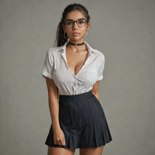 (Extremely slutty 21 yo Moroccan woman:2), (((young girl:1.1))), ((photo taken in black studio)), perfect lighting, (best shadows), (8K, UHD, sharp image, (best result), lighting, Best quality, Ultra detail, Fine detail, High resolution, Wallpaper 8k, Masterpiece), Upper-body portrait, from chest to head, (Skinny with big round breasts:1.2), ((Large breasts:1.2)), (((Thick, Petite, Little:1.5))), ((Moroccan thick model with dark tan skin:1.4)), stylized eyebrows, flat nose, full lips, warm olive-toned skin, black hair, huge tits, skinny waist, thick thighs, hour glass figure, beautiful, blush, ponytail, black-framed glasses, black leather choker, korean-style pleated gray velvet skirt, wearing a tight korean-style pleated gray velvet skirt, chunky knit school uniform thigh-high socks with black stripes, height 130cm, very narrow waist, wide hips, large chest, white short-sleeved golf polo shirt, brown school uniform loafers, school backpack, (AS-YoungV2 = 100%), black, eyes, perfecteyes