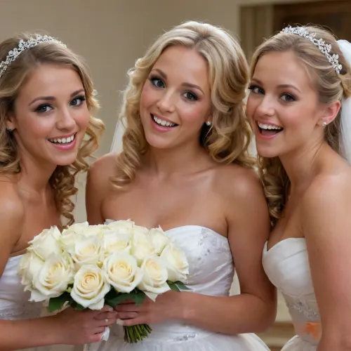 Cute tanned 27 years old petite short, bride, very cute and natural blonde long curled hair, with naked bridesmaids, kissing, licking tits, tongue on ass, brown eyes, naked, wedding veil, perfect sized breasts, really short, small tits, topless, show naked ass, white silk gloves holding tits, short legs, white stockings, front view, slight smile, on top of bridesmaids mouth