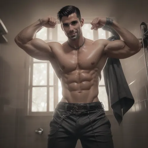 ASCII, photo of a, ((BIG DICK)), man, smiling face, (Adonis belt), abs, veins, dramatic lighting, standing in shower, portrait, nude, tattoo, pants, (narrow waist), thighs, high detail, realistic, 8k, (Masterpiece, high quality:1.3), masterpiece, depth of field, bokeh, detailed, homoerotic, (homoerotic), highly detailed, sharp focus, intricate, smooth, elegant, fantasy, cinematic lighting, cinematic, matte, photorealistic, 4k, beautiful, volumetric lighting, dramatic