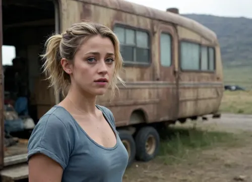 After her motorhome crashed Lili Reinhart had to survive in a bleak post-apocalyptic landscape. She has had to strip the old motorhome for parts and use them to buid a makeshift farm to survive, her old clothes are in tatters and dirty, she stands looking out of her doorway at the wasteland around her, detailed gorgeous face, messy hair, wet body, key visual, intricate detail, highly detailed, breathtaking, vibrant, panoramic, cinematic