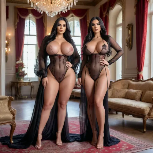 ((castle room, aristocratic room, living room)), red and gold theme, long black hair, huge ass, tight clothes, fit girl, high definition, small waist, (A tall young black haired woman, hourglass figure, very large ass, huge saggy breasts), (((sheer, mesh, very long feathered robe, naked))), 3/4 angle pose facing to camera, large, breasts, big, boobs, huge, tits, <lora:bombshell_v2:.9>